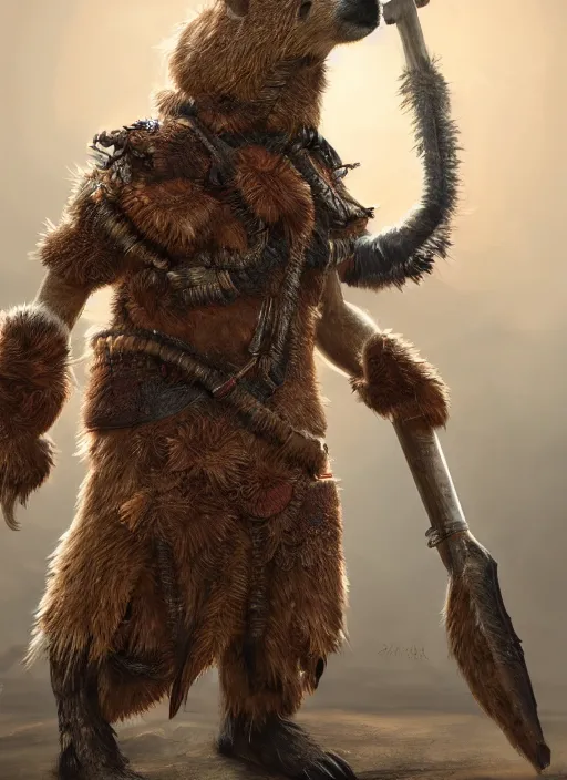 Image similar to detailed full body concept art illustration, oil painting on canvas of an anthropomorphic capybara barbarian in full intricate clothing, biomutant, dystopian, micro detail, octane render, 4K