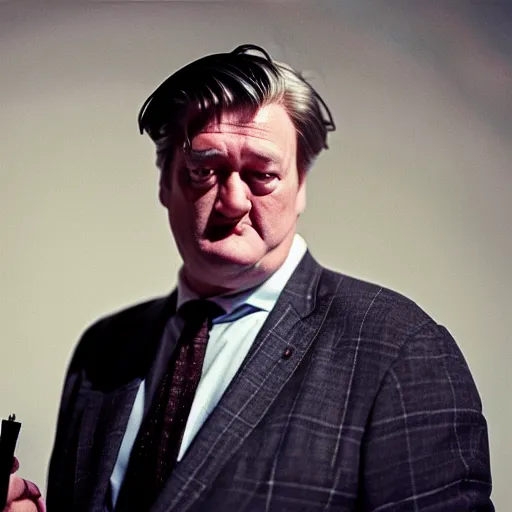 Prompt: Stephen Fry dressed up like David Lynch. CineStill
