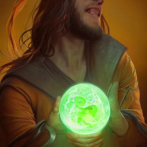 Image similar to epic portrait an person having an green glowing plumbob floating above their head, pretty, digital painting, artstation, concept art, soft light, hdri, smooth, sharp focus, illustration, fantasy, intricate, elegant, highly detailed, D&D, matte painting, in the style of Greg Rutkowski and Alphonse Mucha and artemisia, 8k, highly detailed, jurgens, rutkowski, bouguereau, pastoral, rustic, georgic