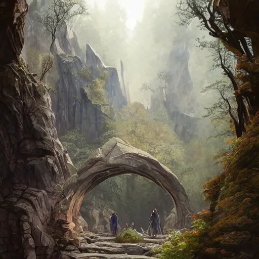 Prompt: a large rock arch is a portal to another dimension, surrounded by misty forest, people wait to enter, D&D, fantasy, intricate, highly detailed, digital painting, artstation, concept art, smooth, sharp focus, illustration, art by artgerm and greg rutkowski and alphonse mucha