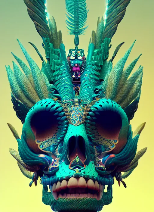 Image similar to a wlop 3 d portrait of a goddess, 8 k micro details beautiful intricate highly detailed quetzalcoatl skull and feathers. bioluminescent, fire, galaxy, artwork by tooth wu and wlop and beeple and greg rutkowski, trending on artstation,