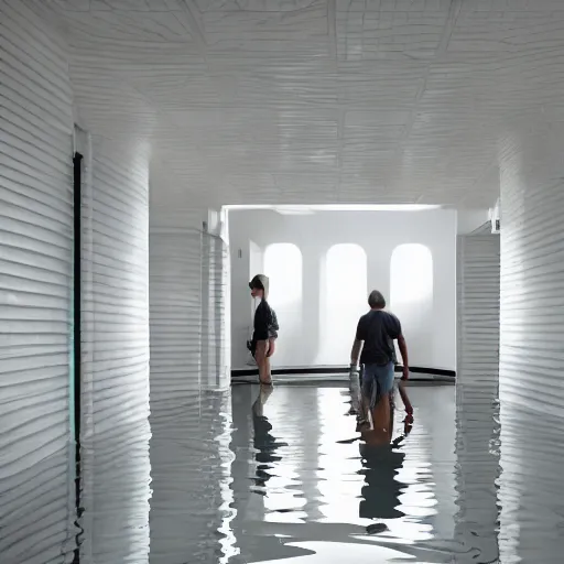 Prompt: photo of a vast interior space of irregular rooms and corridors, bizarre architecture. ceramic white tiles on all the walls. the floor is flooded with shallow water.