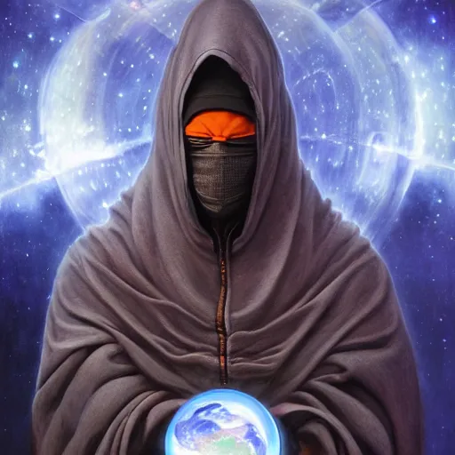 Image similar to masked nomad male wearing a cloak on an alien world and holding a holographic planet projection in his hand, detailed, sci - fi, digital painting, artstation, sharp focus, illustration, ominous, artgerm, tomasz alen kopera, peter mohrbacher, donato giancola, joseph christian leyendecker, wlop, frank frazetta