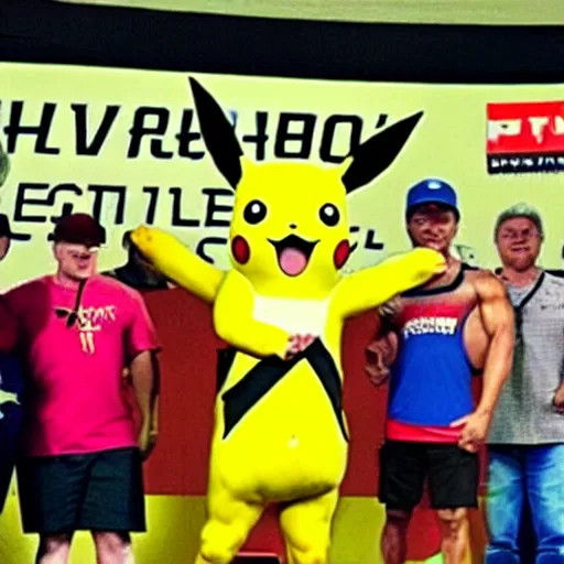 Prompt: Pikachu wins a bodybuilding contest