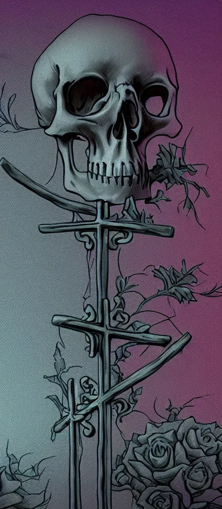 Image similar to an closeup astatic d 1 0 4 microphone with a detailed matte painting of a muted skullpunk vaporwave ombre. a small creepy garden at night with cross - shaped tombstone and pumpkins. detailed with strong clean lines.