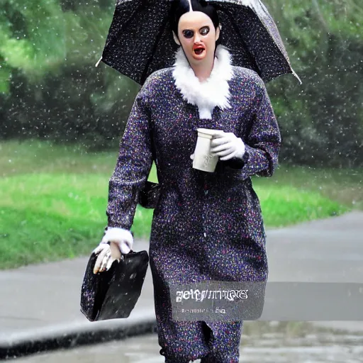 Image similar to katy perry wearing a 1 9 7 0's clothing, walking in central park, raining, photo, realistic, high detail,