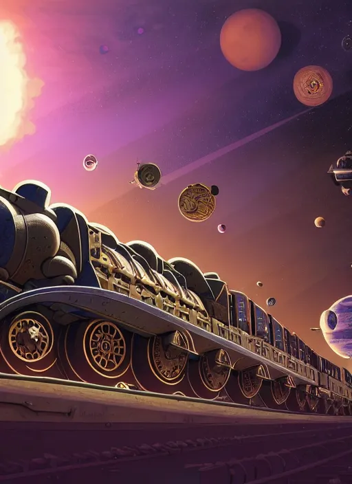 Image similar to a steampunk train in space at warp speed by paolo eleuteri serpieri and tomer hanuka and chesley bonestell and daniel merriam and tomokazu matsuyama, unreal engine, high resolution render, featured on artstation, octane, 8 k, highly intricate details, vivid colors