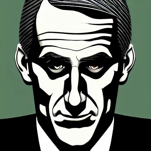 Image similar to digital portrait of secretary of denis mcdonough face with featureless eyes, cover art of graphic novel, evil laugh, menacing, Machiavellian puppetmaster, villain, simple style, solid colors, clean lines, clean ink, trending on artstation
