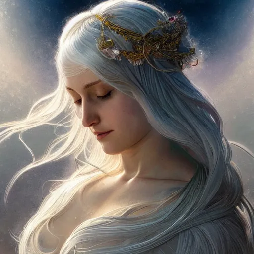 Prompt: goddess, white hair, long hair, hands spread out in prayer, intricate, elegant, ethereal, highly detailed, digital painting, artstation, concept art, smooth, sharp focus, illustration, art by artgerm and greg rutkowski and alphonse mucha