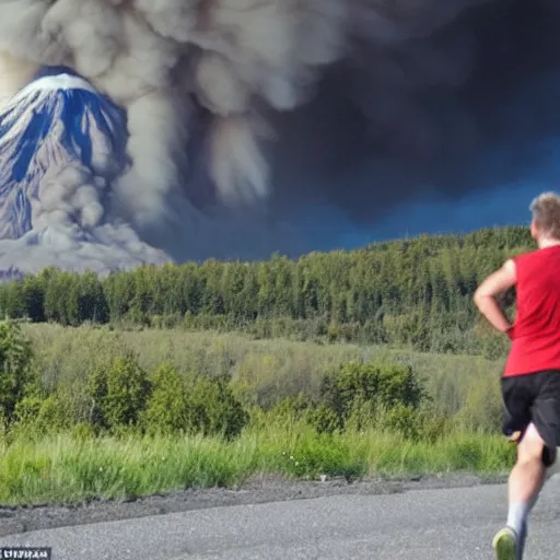 Image similar to a man in the foreground running with a terrified look on his face glancing behind him with mt st helens erupting behind him and ash is headed towards him