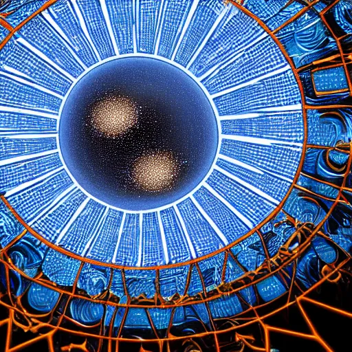 Image similar to a giant blue star inside a golden artificial megastructure, highly detailed artwork, cgi