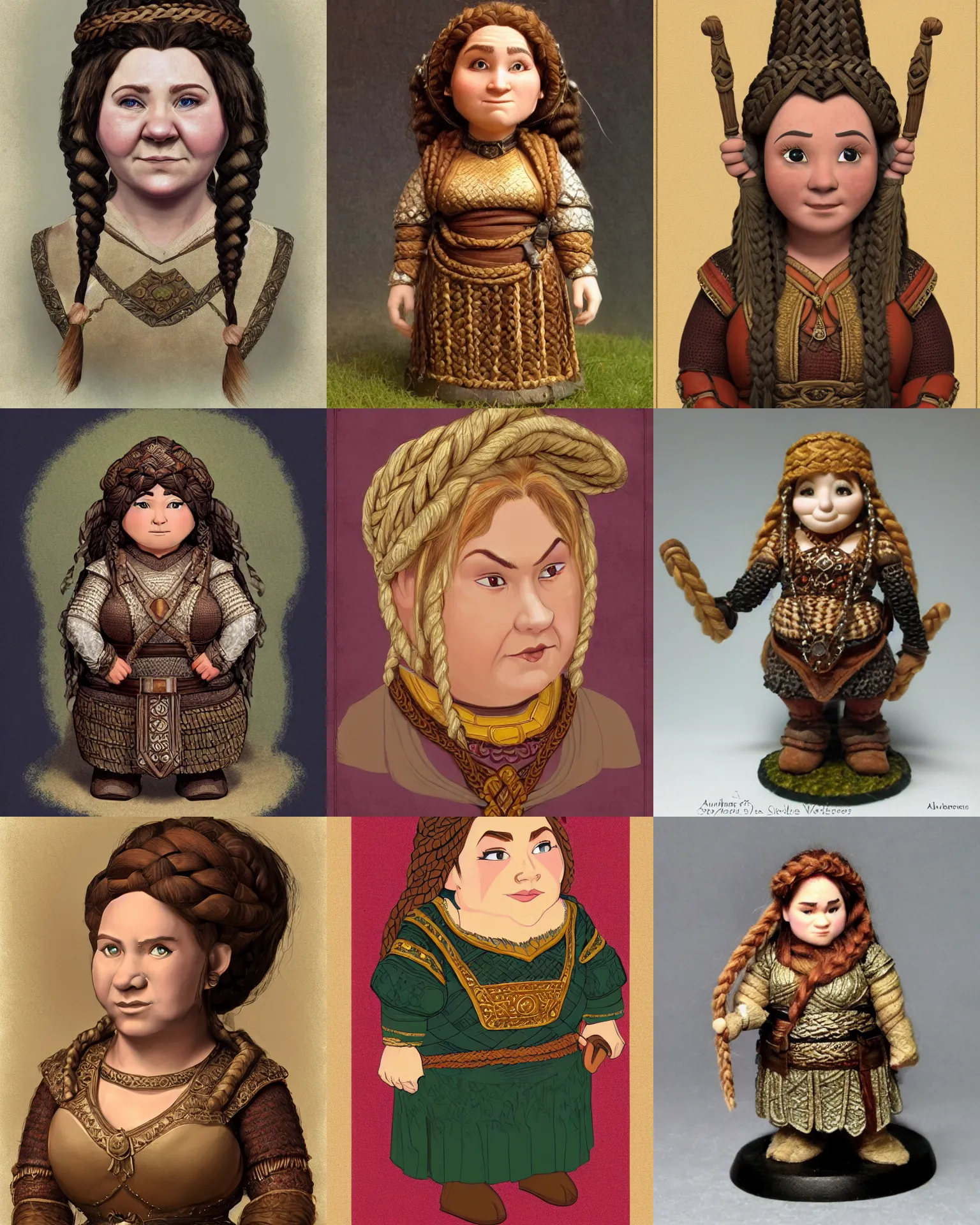 Prompt: female dwarven noblewoman, chubby short stature, braided intricate hair, by adam oehlers