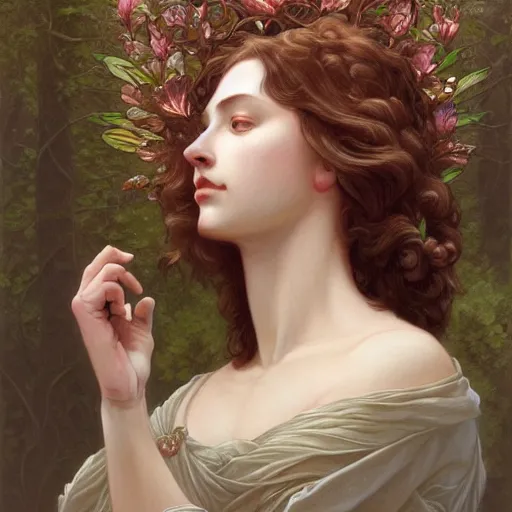 Prompt: portrait of forest god, intricate, elegant, highly detailed, digital painting, artstation, concept art, smooth, sharp focus, illustration, art by artgerm and greg rutkowski and alphonse mucha and william - adolphe bouguereau