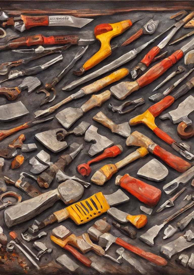 Image similar to a beautiful painting of a toolkit filled with broken hammers, photorealistic, stylized