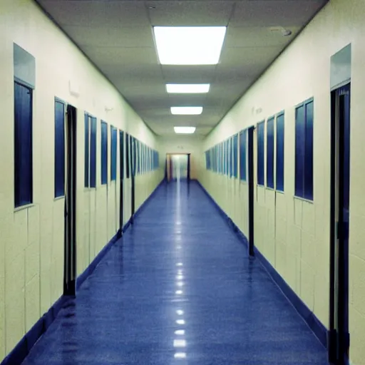 Image similar to a lonely school hallway, with some windows and lockers on the sides, at midnight, liminal space, grainy footage, fluorescent lights,