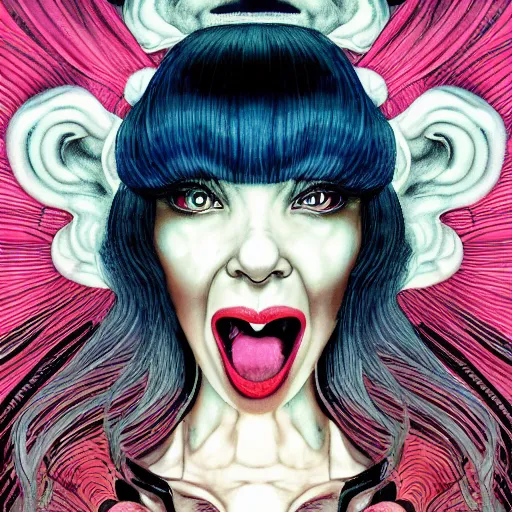 Image similar to portrait of crazy screaming beautiful singer sia kate isobelle furler, big ribbon, ymmetrical, by yoichi hatakenaka, masamune shirow, josan gonzales and dan mumford, ayami kojima, takato yamamoto, barclay shaw, karol bak, yukito kishiro