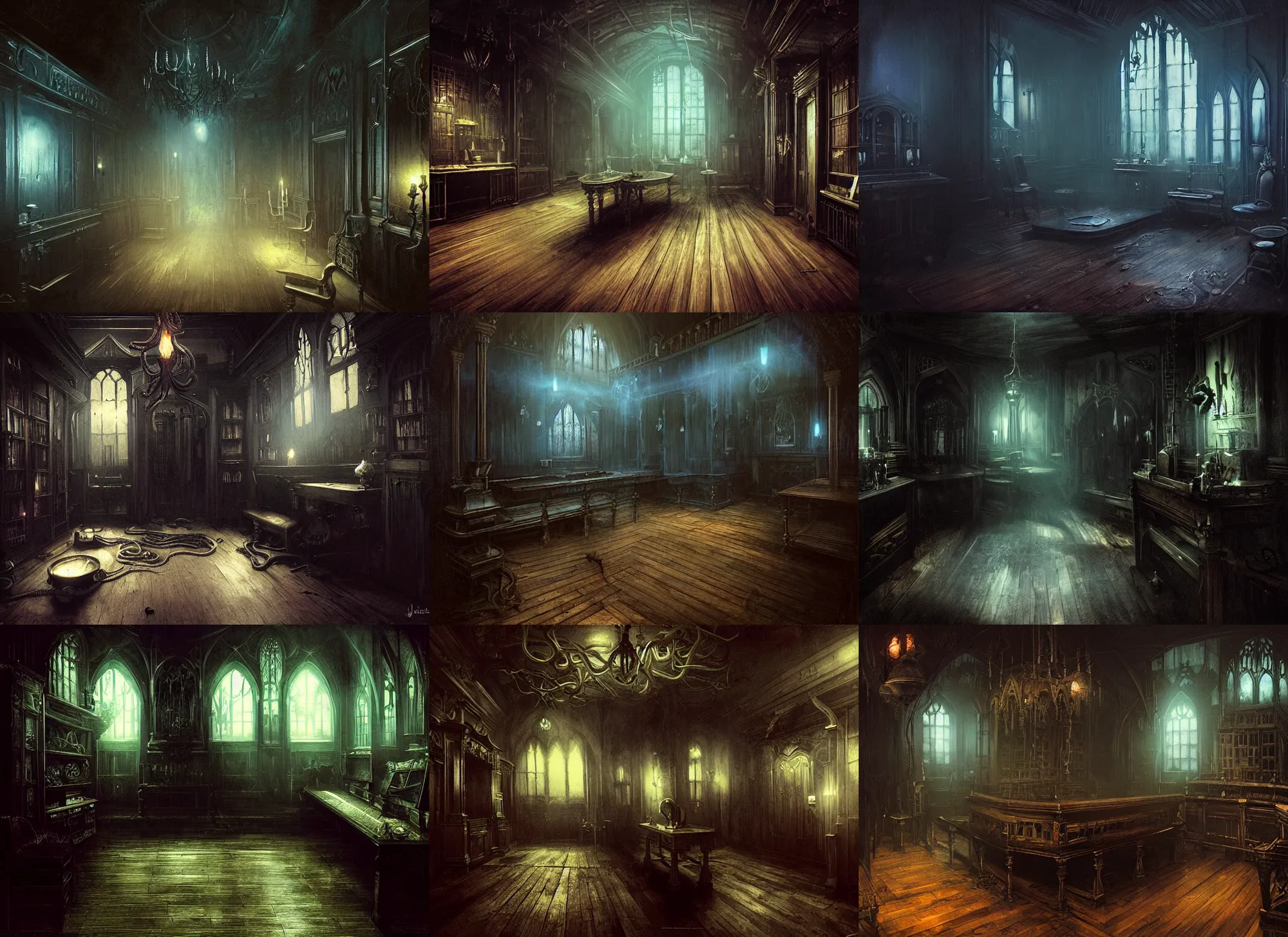 Prompt: gothic mansion service room, wooden floor, darkness, evil, creepy, science, 1 9 century, hard atmosphere, lovercraft, insmouth, tentacles, artwork, paint, blue tones, detailed, by bastien lecouffe deharme, by jeremy mann, by alexander fedosav