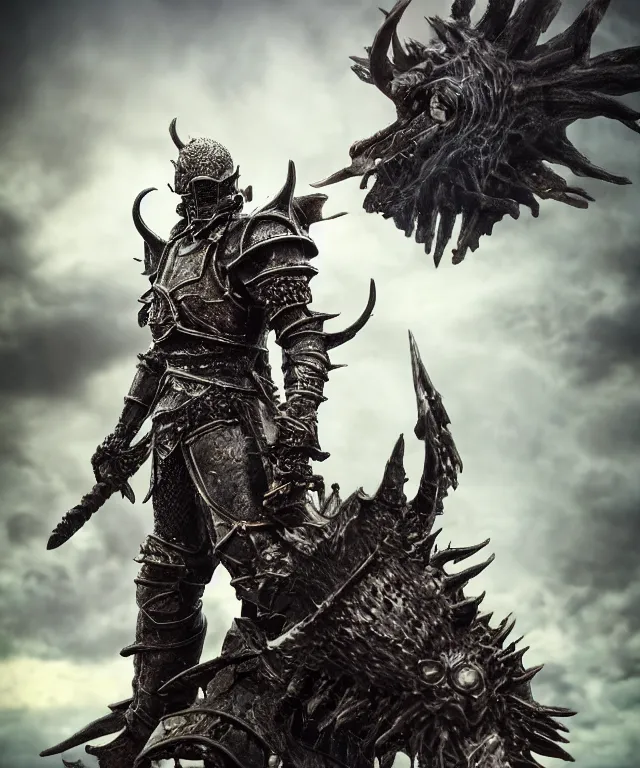 Prompt: hyperrealistic rendering, epic dark souls boss, ornate supreme demon overlord, jewel crown, war armor battle, by art of skinner and richard corben, product photography, collectible action figure, sofubi, hottoys, storm clouds, outside, lightning