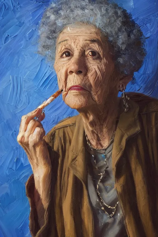 Image similar to palette knife oil painting portrait of ariadne, a mysterious spiritual guide who is a chain smoking old lady in an ashen trench coat. extreme detail, any racial background, artstation trending, artgerm, deviant art, octane, substance, art history 8 k