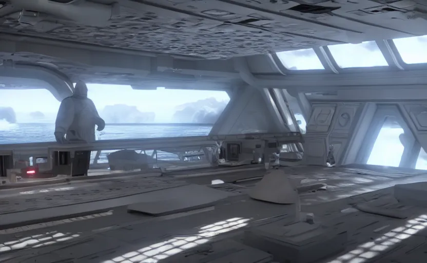 Image similar to Captain Kirk on the bridge of the USS Enterprise, unreal engine, ray tracing, 8k, realistic, universe