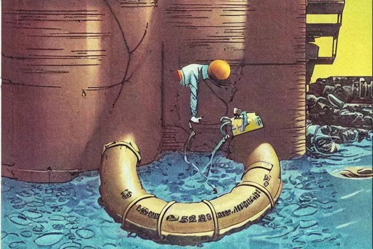 Prompt: 1 9 7 9 omni cover of a sewer pipe near spewing fish and trash near a seawall in tokyo. art in cyberpunk style by dali, and vincent di fate