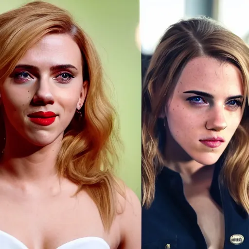 Image similar to a woman who is a genetic combination of scarlett johansson and emma watson face and upper - body focus