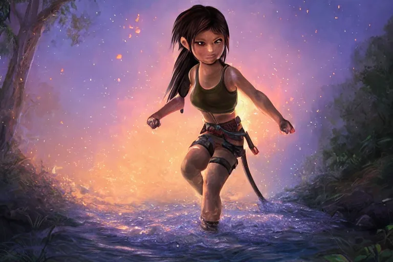 Prompt: wide shot of exhausted Chibi Lara Croft climbing out of a roaring ancient river, fireflies by Lilia Alvarado