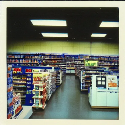 Image similar to “Walmart electronics department in 1990. Polaroid”