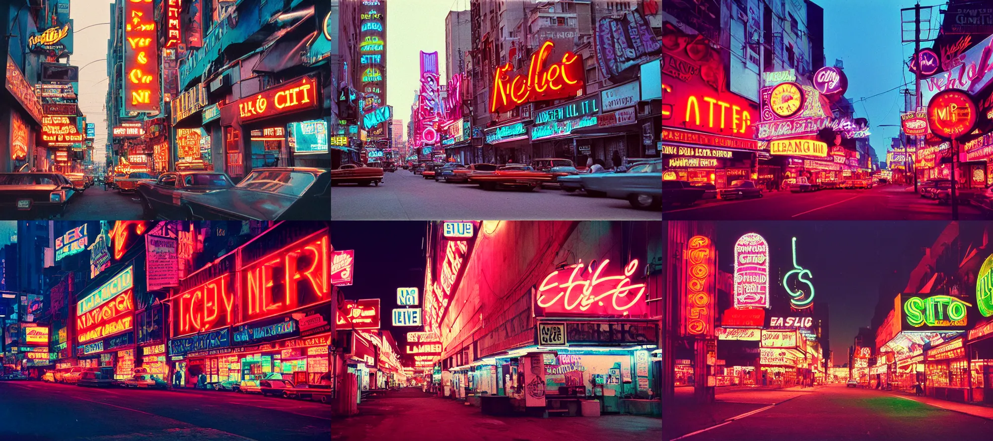 Prompt: a matte painting a city street filled with lots of neon signs 1969 flickr neoism by Aaron Nagel, photo taken with fujifilm superia provia photo taken with provia