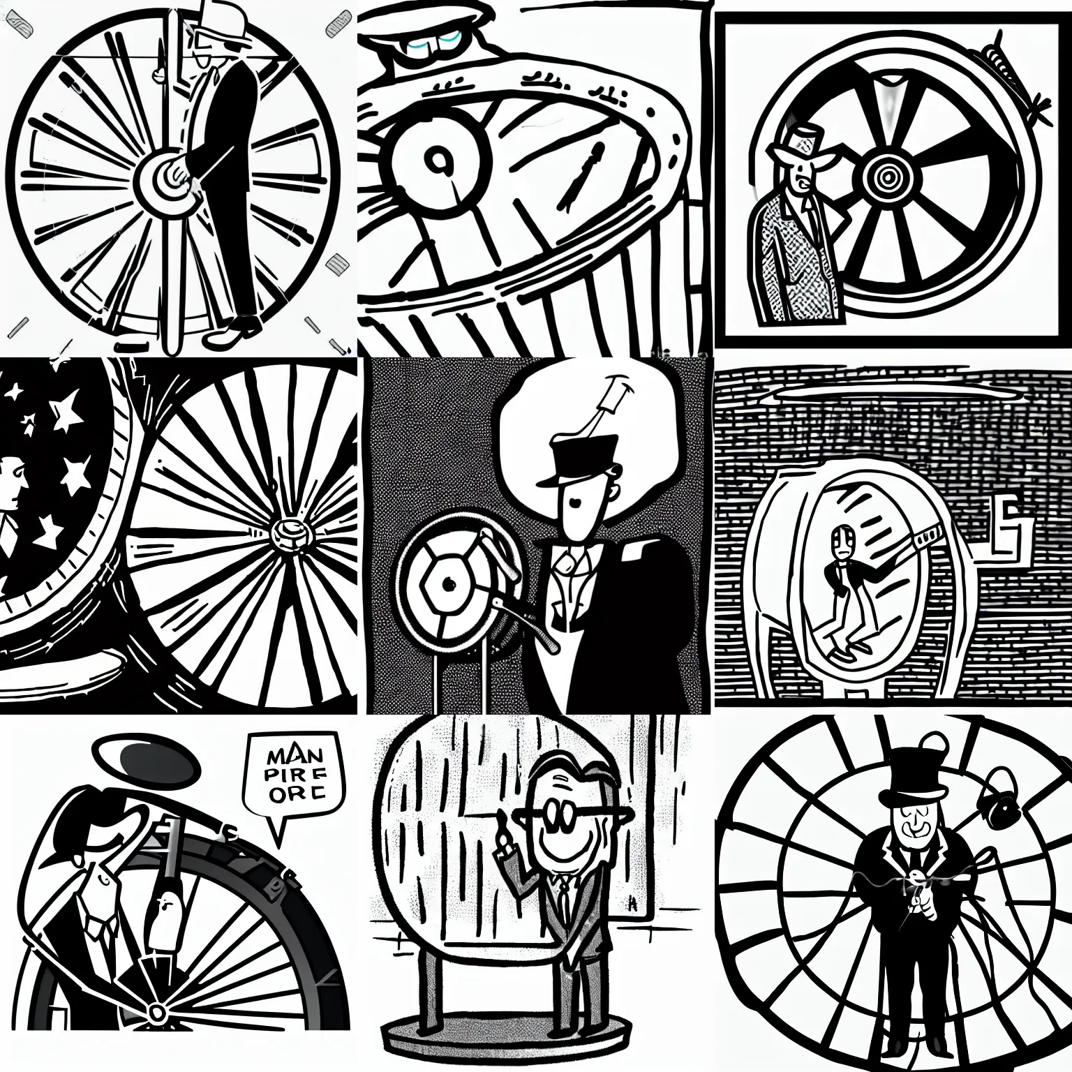 Prompt: man suit on a price wheel with a pointy hat, cartoon, comic, illustration, b&w