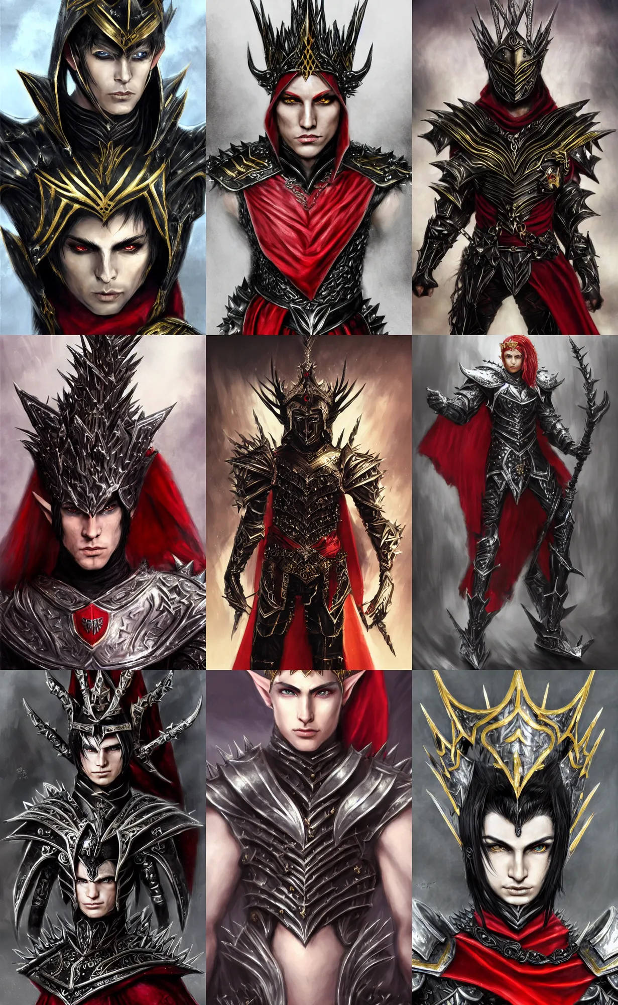 Prompt: A male elf wearing a black spiked metal tiara, black heavy armor with gold plating, and a red cape, 20 years old, short silver hair, red eyes, lean but muscular, attractive, command presence, royalty, weathered face, smooth, sharp focus, illustration, concept art, highly detailed portrait, muscle definition, fantasy painting, ArtStation, ArtStation HQ