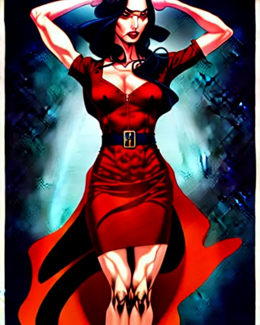 Image similar to artgerm, joshua middleton comic cover art, full body pretty megan fox holding a shotgun, red dress, symmetrical eyes, symmetrical face, long curly black hair, dark city background, cinematic lighting