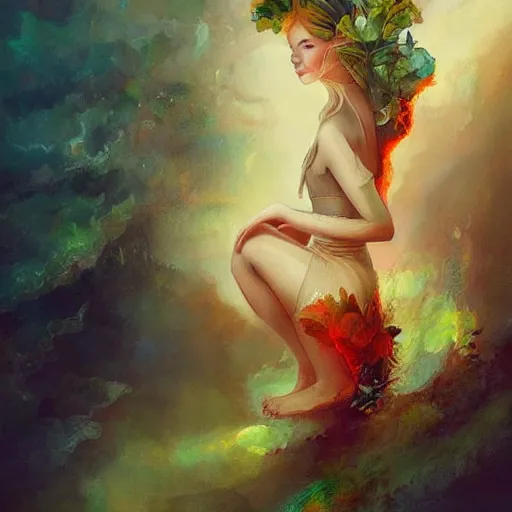 Image similar to A volcano girl expelling light beautiful landscape detailed painting in the style of Anna Dittmann