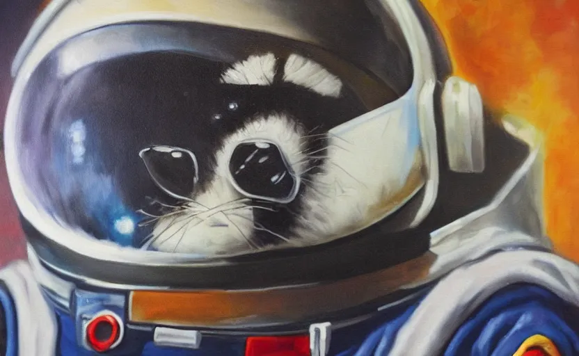 Image similar to oil painting of a racoon in a astronaut suit with helmet, 35mm, photo, Epic, cinematic