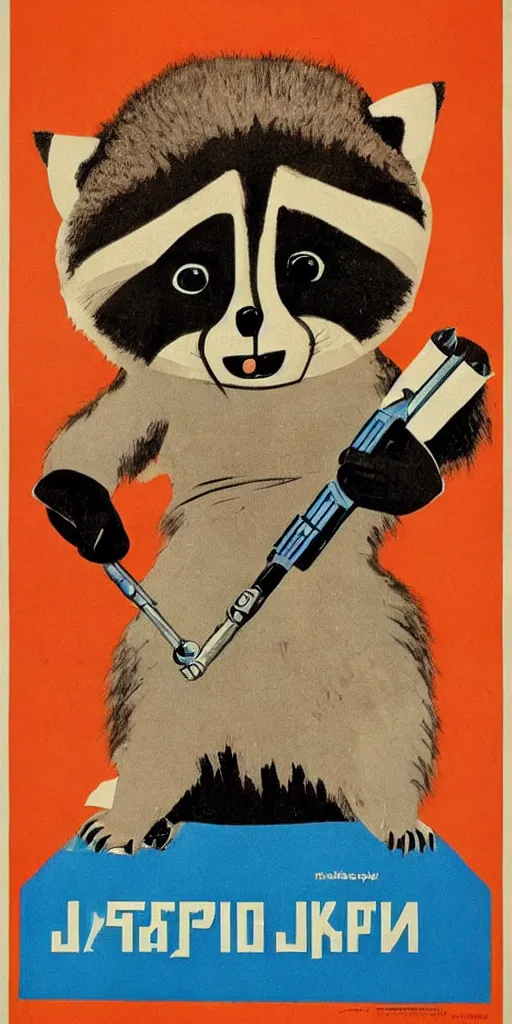 Prompt: a soviet propaganda poster with a smiling raccoon holding a jedi sword