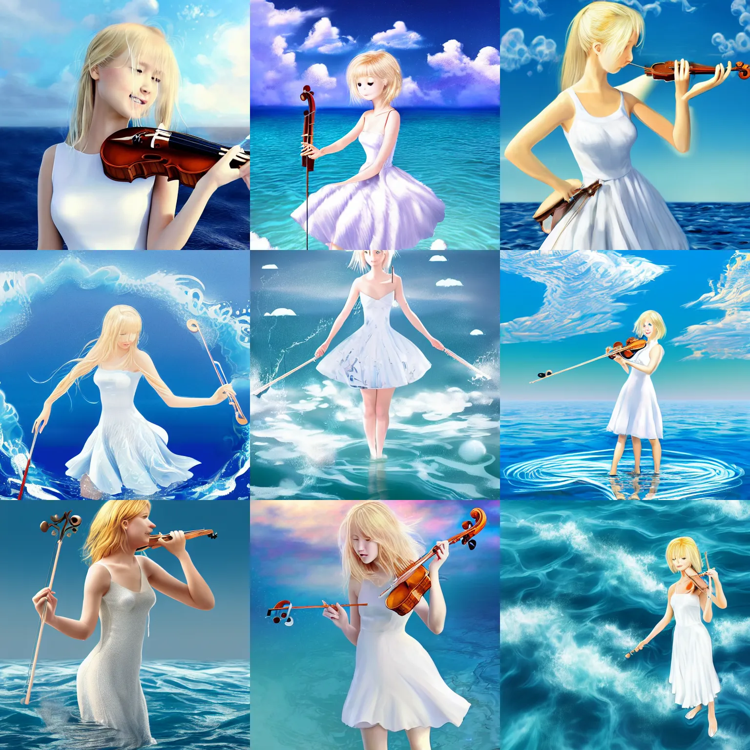 Prompt: high detail digital art of a blonde girl wearing a white dress while playing her violin and standing on water waves in the middle of the ocean surrounded by a blue sky and soft puffy clouds by 羅 光佑 and Mitsu Art and Miura N315, vibrant, expressive, trending on artstation