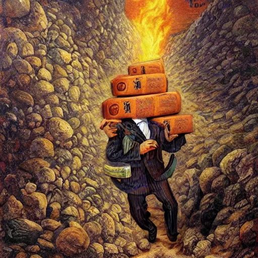 Image similar to Benjamin Netanyahu carrying sacks of money up a mountain in hell, by Michael Cheval