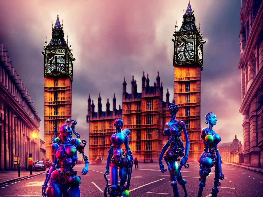 Image similar to a giant ancient beautiful cyborg of the elder gods with pipes and tubes in the city of London, an image of a beautiful cyborg, a beautiful cyborg, a cyborg, London streets with one bigben in the background, colourful, dramatic lighting, spring time, very detailed octane render very realistic beautiful