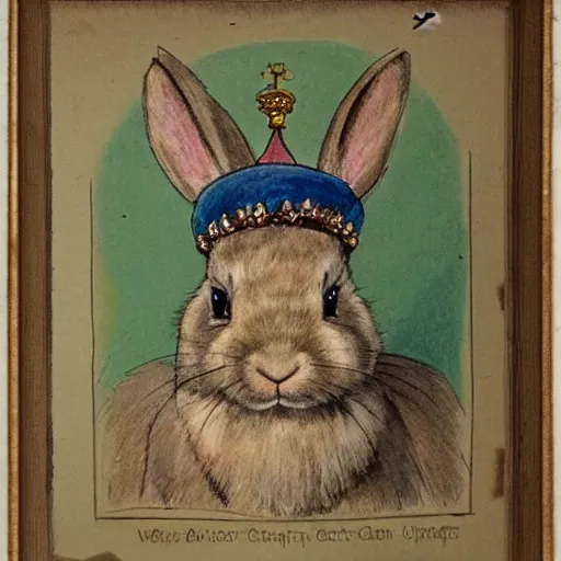 Image similar to a rabbit wearing a crown, in the style of carl larsson