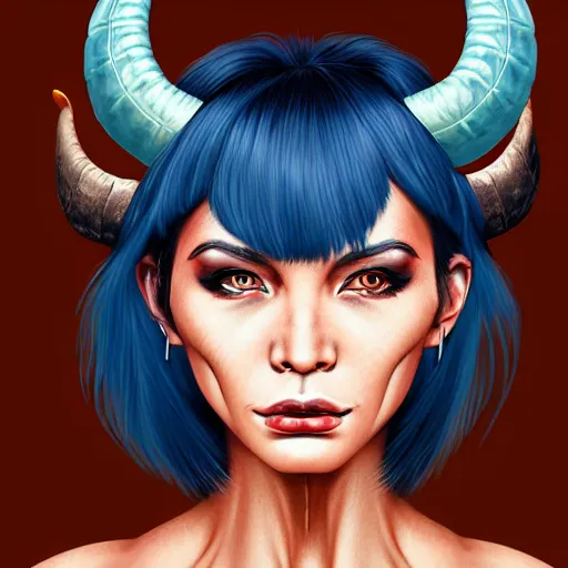 Image similar to illustrated realistic portrait of ram-horned devil woman with blue bob hairstyle and her tan colored skin and with solid black eyes wearing leather by rossdraws