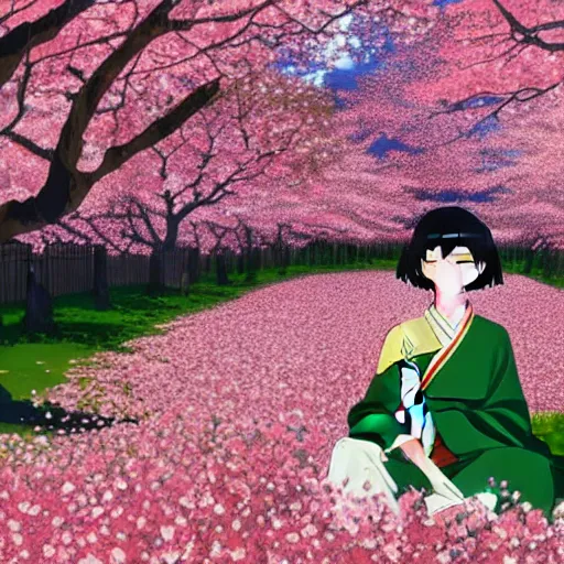 Image similar to anime key visual of a woman with short green hair wearing a black saree meditating near a japanese spring surrounded by cherry blossom trees by ilya kuvshinov and satoshi kon