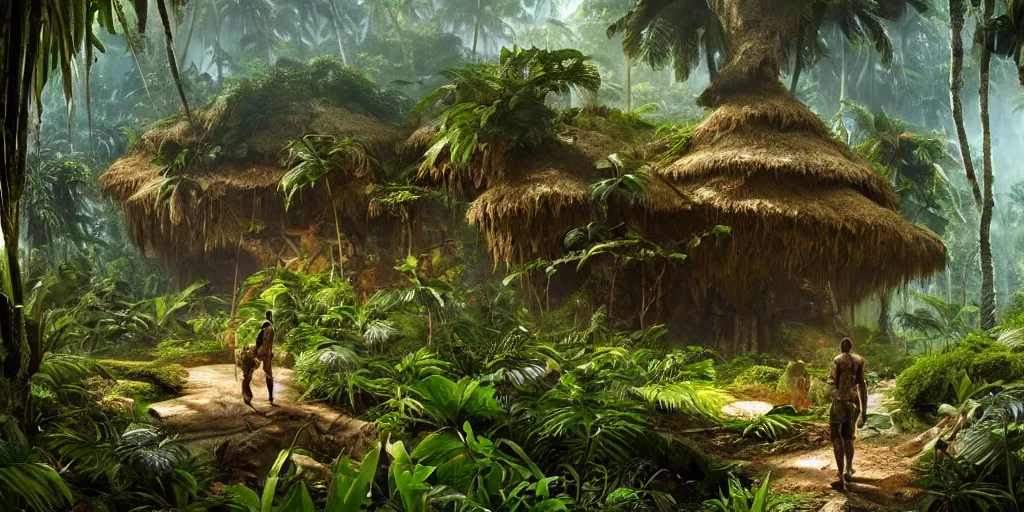 Image similar to tropical jungle, wall wood fortress, Hyperrealistic CGI, Photorealistic, plants environment, wide angle, establishing shot, cinematic lighting, atmospheric, realistic, octane render, highly detailed, color graded, matte painting in the style of craig mullins