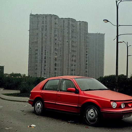 Prompt: red volkswagen passat parked in warsaw, few rubbish bins visible and a base of post - communist apartment complex in the background, the year is 1 9 9 9, award winning photo