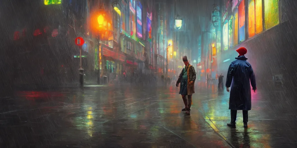 Image similar to man exhibitionist in raincoat, detailed, full of colour, cinematic lighting, trending on artstation, hyperrealistic, focused, extreme details, cinematic, reg rutkowski, fantasy art, concept art, sharp focus