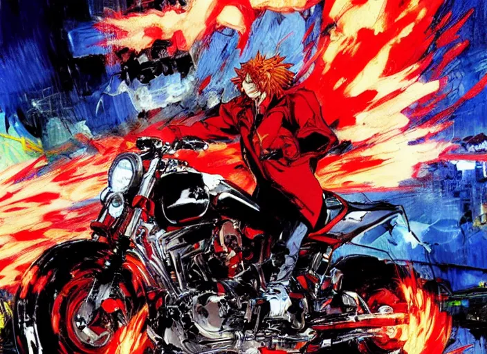 Prompt: anime key visual concept art of marvel ghost rider, riding a red akira motorcycle, by ashley wood, yoji shinkawa, jamie hewlett, 6 0's french movie poster, french impressionism, vivid colors, palette knife and brush strokes, style of kawacy and makoto shinkai and greg rutkowski