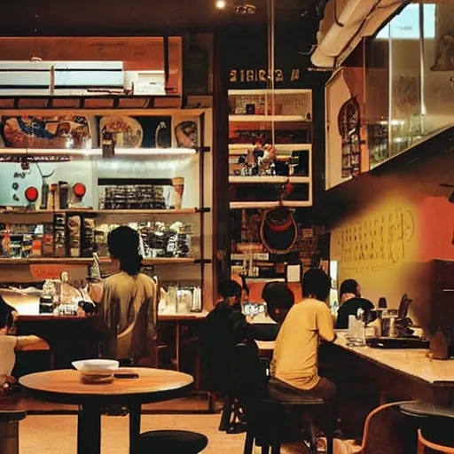 Image similar to a singaporean coffeeshop, by satoshi kon