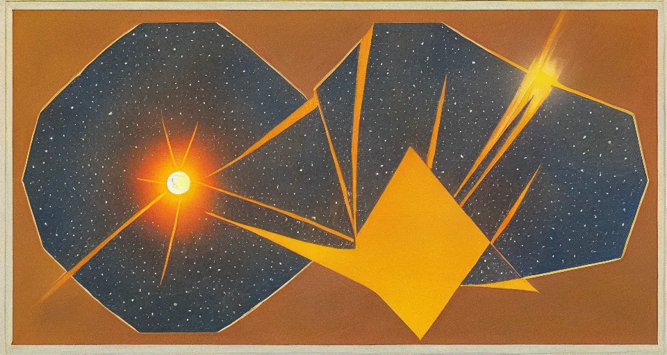 Prompt: solar sail in the shape of a hexagon blocking the sun, seen from earth, art deco painting