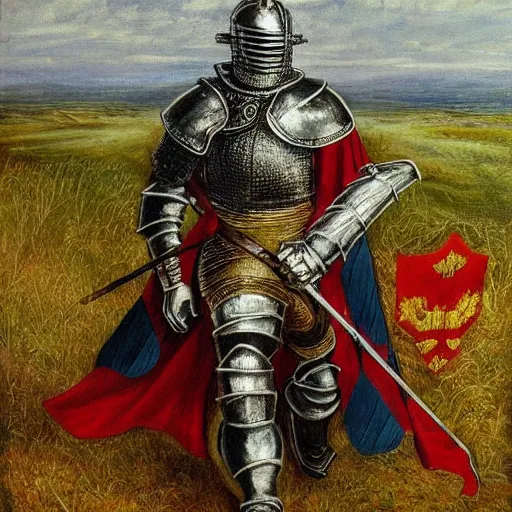 Image similar to full body!!!!!!, knights armor, donald trump, crown, donald trump's face!!!!!, detailed face, painting of a knight, boots, medieval castle background, valiant, by hans thoma