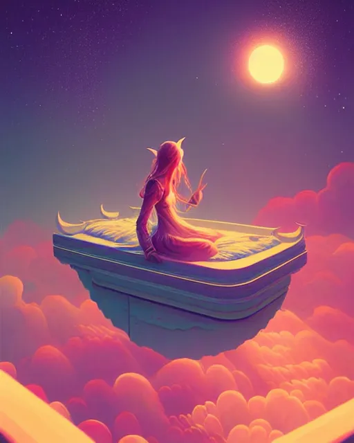 Prompt: beautiful painting of elven on a flying bed, art by mike winkelmann and by petros afshar, sky night, illustration, highly detailed, simple, smooth and clean vector curves, no jagged lines, vector art, smooth, artstation