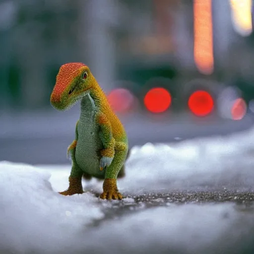 Prompt: a beautiful photo by fred herzog of a tiny dinosaur standing in a street of vancouver, tiny gaussian blur, insanely detailed, insanely intricate, insanely beautiful, depth of field, low contrast, snowy, wide aperture